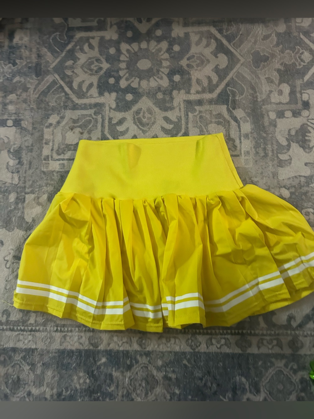 Bright Yellow Pleated Skater Mini Skirt with Stripe Hem